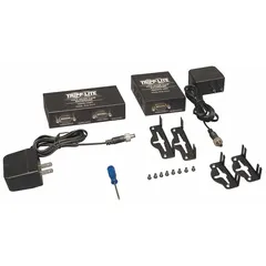 This video/audio extender transmits VGA and stereo audio signals over a single RJ45 cable, supporting distances up to 300 feet. It features one HD15 female VGA input, one 3.5 mm stereo female audio input, and one RJ45 female output. The black unit includes two mounting hardware kits and is suitable for extending AV signals in settings such as conference rooms or classrooms.