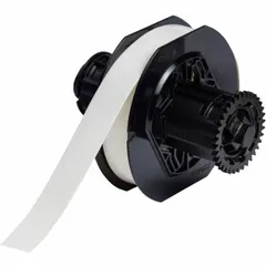 Continuous vinyl label roll, 5/16 in wide by 85 ft long, in white. Features a removable and repositionable adhesive for temporary or adjustable placement. Compatible with BBP33 printer series. Used for industrial identification, cable marking, asset tagging, and facility signage.