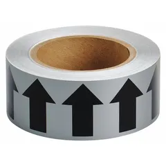 This gray vinyl pipe marker tape features black directional flow arrows for clear identification of material movement direction on pipes. Supplied in a 90 ft roll with 2 in width, the non-reflective tape is suitable for use in industrial facilities such as process plants, refineries, and manufacturing lines to improve safety and reduce errors.
