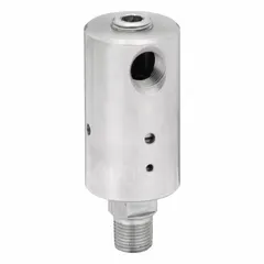 This plain stainless steel rotating joint has a single passage and a 3/8" threaded rotating shaft. It uses carbon graphite seals and is rated for a maximum speed of 1000 rpm. Typical applications include transferring media such as coolant, air, or hydraulic fluid into rotating equipment like rolls, drums, or spindles.