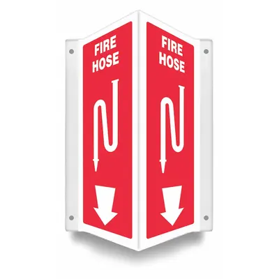 CONDOR Safety Sign: PETG, Mounting Holes Sign Mounting, 12 in x 7 1/2 in Nominal Sign Size - V-Shape Projection Fire Hose Signs