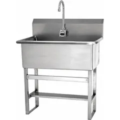 This one-station freestanding hand sink with faucet features a sensor-activated, touch-free operation. The 28 in long by 10 1/2 in deep bowl provides ample washing space. AC powered with a 2 gpm flow rate, it is suited for environments requiring hands-free hygiene, such as healthcare, food service, and laboratories.