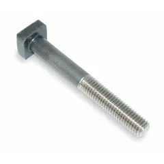 Square-head T-bolt made of stainless steel for corrosion resistance. Designed for 5/8 in T-slots with 5/8"-11 thread and 4 in shank length. Used to secure workpieces and fixtures to machine tables in milling, drilling, and assembly operations.
