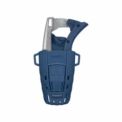 Automatic retracting utility knife with plastic blue/silver body and magnet. Features a stainless steel blunt tip trapezoid blade. Overall width 1-1/2 in. Suitable for cutting tasks in packaging, warehousing, and light manufacturing.