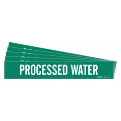 Green adhesive pipe marker with white 'Process Water' legend, designed for pipe outer diameters from 2-1/2 to 7-7/8 inches. Sold in a pack of 5, without directional arrows. Used to identify process water lines in industrial piping systems.