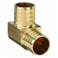 This ZURN brass barbed tube fitting elbow features barbed x barbed connections and a crimp installation method. It is used to join PEX tubing in plumbing systems, providing a 90-degree turn. The fitting has a 1/2 in ID on both ends
