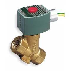 This REDHAT solenoid valve is a 2-way, 2-position normally closed type with a 1/2 inch pipe size. It operates on 110V AC voltage and is rated for high-temperature applications. The coil enclosure is without a junction box. Typical uses include on/off control of fluids in industrial process systems and steam applications.