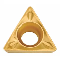 Triangle-shaped indexable turning insert made of carbide, grade TPMX. Used for general turning, facing, and profiling on lathes. Suitable for machining steel, stainless steel, and cast iron in industrial applications.