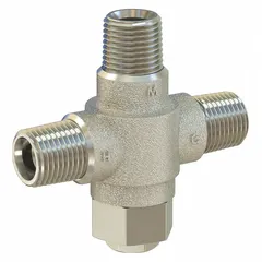 Point-of-use thermostatic mixing valve with 1/2 in outlet connection. Blends hot and cold water to a controlled temperature for applications such as commercial facilities, process plants, and maintenance areas. Includes integral check valves to prevent backflow.