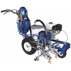 This gas-powered airless line striper is designed for marking pavement surfaces. It features a 5 hp engine and can produce line widths from 2 in to 12 in. Typical applications include parking lots, roadways, and industrial facility marking.