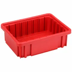 This red plastic divider box has a 0.1 cu ft capacity and measures 10 7/8 in x 8 1/4 in x 3 1/2 in. It is not electrostatic discharge conductive, not nesting capable, and does not include a lid or dividers. Commonly used for organizing small parts in industrial bins, shelving, or workstations.