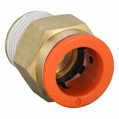 SMC Push-Fit Adapter Fitting: 1/2 in OD x 3/8 in Pipe Size, Push-to-Connect x BSPT - Polybutylene & Brass Tube Fittings