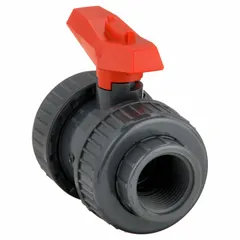 This manual two-way ball valve is made of PVC with a straight body and FNPT x FNPT connections. It features a full port ball port and a tee handle for operation. Commonly used in industrial piping systems to start, stop, or redirect flow of water, chemicals, or air.