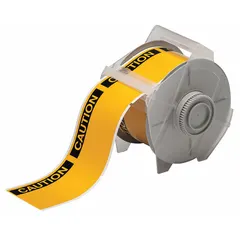 Vinyl label rolls with CAUTION header, available in 2 1/4 in x 3 1/4 in and 3 1/4 in x 2 1/4 in sizes. Acrylic adhesive. Compatible with GlobalMark printer series. Used for industrial safety identification and hazard marking.