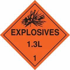 Class 1: Explosives placard measuring 10 3/4 in x 10 3/4 in with a label height of 10 3/4 in. Displays the message 'Explosives 1.3 L 1' for identifying hazardous materials during transport. Used on containers, vehicles, or storage areas to indicate the presence of explosive materials.