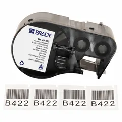 Precut label roll cartridge integrating label and ribbon for streamlined installation. Made of halogen-free polyester with black-on-white printing. Compatible with Brady M510 printer series. Used for industrial labeling applications requiring durable labels.