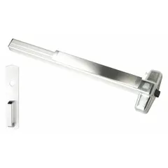 Rim-type exit device with touchbar style, chrome finish, and night latch outside trim. Designed for doors up to 3 ft wide. ADA compliant for accessibility in commercial buildings.