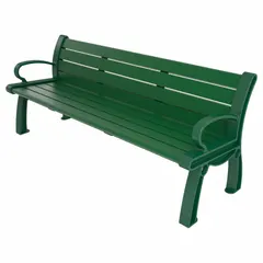 The ULTRASITE Heritage Outdoor Bench is a vandal-resistant resinwood bench with a green seat and green frame. It measures 72 inches overall length and 30 inches overall height. Suitable for public and commercial spaces such as parks, campuses, and transit stations.