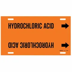 Snap-on pipe marker for identifying pipes carrying hydrochloric acid. Orange background with black legend text. Fits pipe outer diameters from 8 to 9-7/8 inches. Includes directional arrows for flow indication. Single marker supplied.