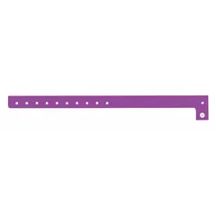 Plastic security wristband in purple, supplied in packs of 500. Each wristband measures 10 inches in overall length and 5/8 inch in overall width. Suitable for access control, event security, and identification applications where a blank legend allows custom marking.