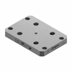 Rectangular alloy steel receiver base for workholding systems. Measures 160 mm W x 229 mm L x 27 mm H and weighs 6.9 kg. Compatible with pull stud QL-200805. Used to locate and clamp workpieces in machining operations.