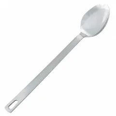 This 13-inch serving spoon is constructed of stainless steel with a silver finish. Its long handle provides distance from hot contents, making it suitable for basting and serving soups, stews, and sauces in commercial or home kitchens.
