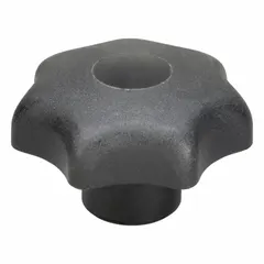 7-arm knob with threaded hole for manual clamping and adjustment on machinery, jigs, and fixtures. Plastic body with stainless steel thread insert. M12 thread, 18 mm thread length, 63 mm diameter. Multiple grip positions enable precise torque control without tools.