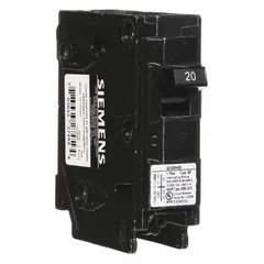 Miniature Circuit Breaker: 20 A Amps, 120V AC, 1 Poles, High Intensity Discharge (MPN Q120HID). Key specifications — attr196014: 20 A; attr196015: 120V AC; attr196017: 10kA at 120V AC; attr196018: Siemens EQ Load Centers; attr196016: Single; attr232503: Q.