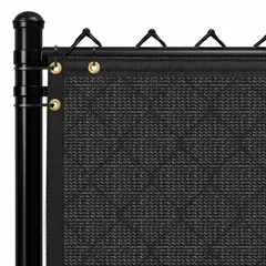 High-density polyethylene privacy and shade screen in black. Measures 5.66 ft overall height by 50 ft overall length. Blocks wind, debris, and unwanted views in outdoor work zones, storage areas, and equipment enclosures.