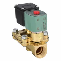 This REDHAT solenoid valve is a 2-way, 2-position normally closed type with a 3/4 in pipe size. It operates on 110V AC voltage and features a watertight coil enclosure. Typical applications include on/off flow control of liquids or gases in industrial systems, irrigation, and process automation where fail-closed operation is required.