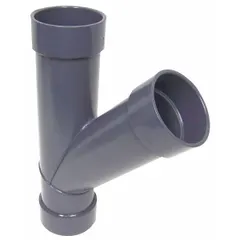PVC wye branch fitting for 4-inch duct diameter systems. Features a 45° angle and overall length of 17 3/4 inches. Used in ventilation and material handling ductwork to split or combine airflow.