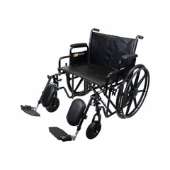 This bariatric wheelchair supports up to 500 lb with a 24 in seat width, 18 in seat depth, and 17 in back height. It features a flat vinyl seat, removable desk-length arms, and elevating footrests. Suitable for use in healthcare facilities, long-term care, and home care settings.