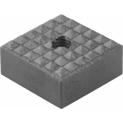 Square gripper pad with a tapped through-hole and counterbore for mounting. Features a carbide fine face with black oxide finish, 20 mm face width, and M5 thread. Used in workholding fixtures for clamping parts during machining and positioning tasks.
