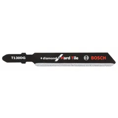 This jigsaw blade features a diamond grit cutting edge on a bi-metal body, designed for straight cuts in tile, masonry, and similar hard materials. The rigid solid stock construction provides stability during cutting. Blade length is 3 1/4 inches.