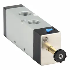 Four-way, two-position directional control valve with DIN solenoid connector, aluminum body, and spring return. Features internal pilot and non-locking manual override. Used to direct compressed air in pneumatic actuators, cylinders, and material handling equipment.