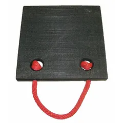 Square black polymer jack plate with a 50 ton vertical load capacity and 12 in overall length. Features a blue handle for portability. Used to support outriggers on cranes, aerial lifts, and other heavy equipment during setup, distributing load to prevent ground damage.