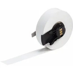 White polypropylene continuous tag roll with matte finish, 3/8 in width by 50 ft length. Rated for outdoor use and compatible with BMP71 printer (media adapter required). Used for on-demand industrial labeling such as asset identification, pipe marking, and safety signage.