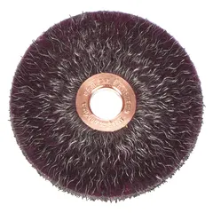 Crimped steel wire brush with 0.014" fill for light cleaning of carbon steel surfaces. Removes rust, scale, and light burrs without damaging base material. 2" diameter, 1/4" width, 1/2" arbor. Suitable for maintenance and fabrication tasks.