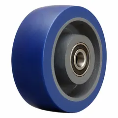 Polyurethane tread on cast iron core wheel with blue Ergo-Glide tread shape. 5 in diameter, 2 in width, 840 lb load rating. Suitable for industrial carts, dollies, and light-to-medium duty material handling equipment requiring smooth rolling and floor protection.