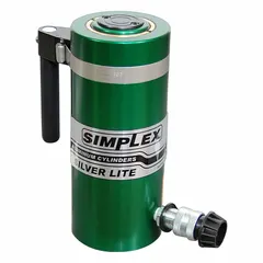 Single-acting hydraulic ram with 150 ton nominal capacity and 6 in nominal stroke. Aluminum construction reduces weight for portability. Used for lifting, pressing, and maintenance tasks in industrial settings.