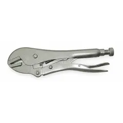 Flat-jaw locking pliers with quick-release mechanism. Overall length 7 in, jaw length 1 1/8 in, max jaw opening 1 5/16 in. Used for clamping and gripping applications requiring a flat jaw profile, such as holding workpieces in metalworking, fabrication, and maintenance tasks.