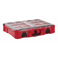 Red plastic tool organizer box with 10 dividers for custom compartmentalization. Measures 19 11/16 in W x 15 1/2 in D x 4 5/8 in H. Designed for modular stacking and secure transport of tools and accessories on job sites.