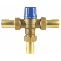 Thermostatic mixing valve with 3/4 in outlet connection size. Blends hot and cold water to maintain a consistent outlet temperature. Suitable for point-of-use applications such as sinks and showers in commercial or industrial plumbing systems