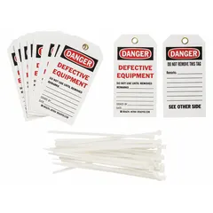 Black lockout/tagout tags with cable-tie fasteners, supplied in a pack of 25. Designed for identifying defective equipment, the tags include fields for remarks, signature, and date to support lockout procedures and prevent accidental equipment operation.