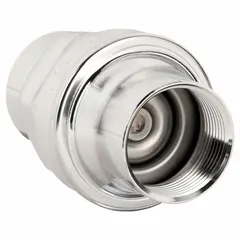 This BONOMI check valve features a 316 stainless steel inline disc body with 1 1/4 in FNPT x FNPT connections. It is used to prevent backflow in piping systems handling water, oil, gas, or chemicals where corrosion resistance is required.