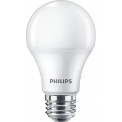 This PHILIPS LED bulb features an A19 classic shape with a frosted finish for soft, even light distribution. It operates at 120V with an 11-watt power consumption and a 4000K neutral white color temperature. The medium screw (E26) base fits standard household fixtures, suitable for general lighting in lamps, ceiling fixtures, and sconces.