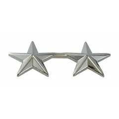 Metallic rank insignia featuring two stars, 5/8 in size, in silver finish. Constructed of metal with a clutch pin attachment for secure fastening to uniform fabric. Used to denote rank on military, law enforcement, or ceremonial uniforms.