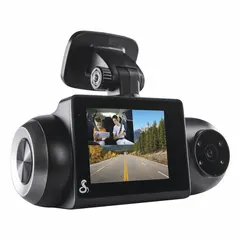 Dual-channel dashcam recording front and rear views at 1920 x 1080 pixels each. Features a 140° front viewing angle, H.264 video compression, and up to 30 seconds of pre-event recording. Includes an SD card and built-in Live Police Alerts. Suitable for capturing driving incidents and monitoring road conditions.