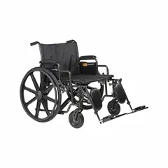 This transport bariatric wheelchair features a 28-inch seat width, 20-inch seat depth, and 28-inch back height. It includes removable desk-length arms, elevating footrests, and an upholstered seat and back. The nylon flat type construction supports use in healthcare and institutional settings for moving individuals.