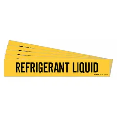 Yellow adhesive pipe marker with black legend reading 'Refrigerant Liquid'. Designed for pipes with outer diameter of 8 inches and larger. Sold in a 5-pack containing one marker without arrows. Used to identify refrigerant liquid lines in piping systems.